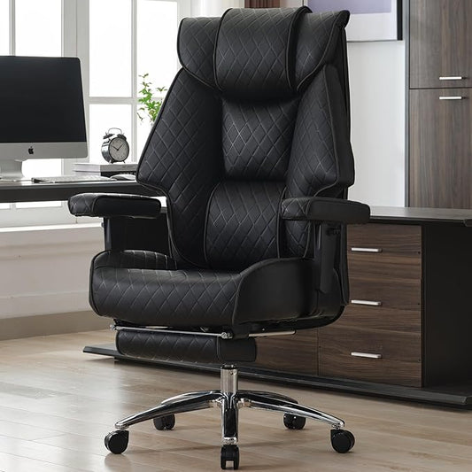 Big and Tall Office Chair with Footrest, PU Leather High Back Executive Office Chair 400lbs, Ergonomic Computer Chairs Lumbar Support for Heavy People (All Black)