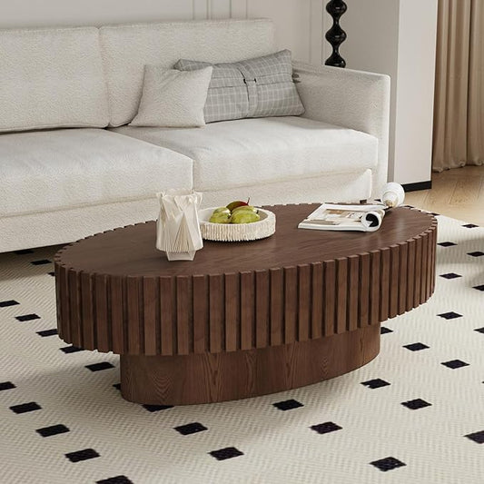 Oval Drum Coffee Table 43.3" Wooden Coffee Tables Handcrafted Fluted Drum Coffee Table Mid Century Modern Luxury Center Table Vintage Farmhouse Center Table for Living Room (Oval Dark Brown)