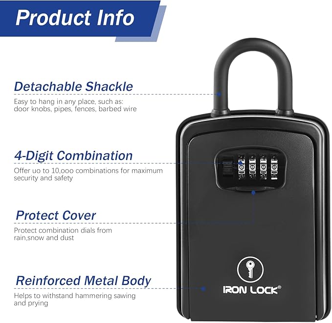 Iron Lock® Key Lock Box Portable with U-Shackle – XXL Waterproof Heavy-Duty Metal Safe with 4-Digit Combination for Spare Keys Outside on Door Knob, Fence or Gate (Black, XXL)