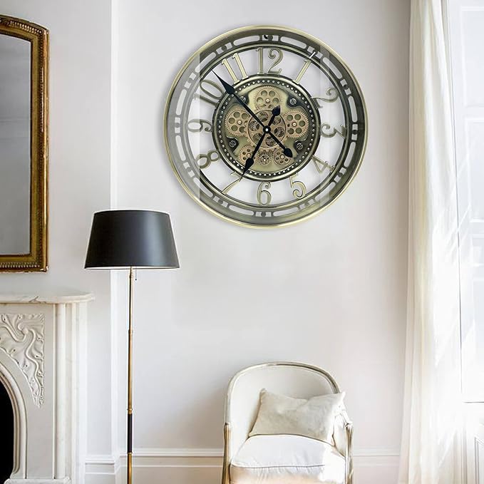 Real Moving Gears Wall Clock Large Modern Metal Clocks for Living Room Decor, Industrial Steampunk Unique Vintage Rustic Decorative Clock for Home Farmhouse Office, 21 Inch,Bronze Gold Arabic