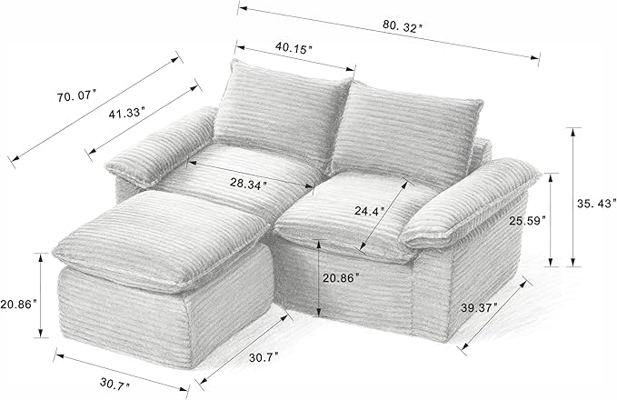 80" Cloud Sectional Couch with L-Shaped Chaise, Corduroy Sectional Sofa with Ottoman, Boneless Couch with Deep Seat in a Box for Living Room, No Assembly Required (Dark Grey)