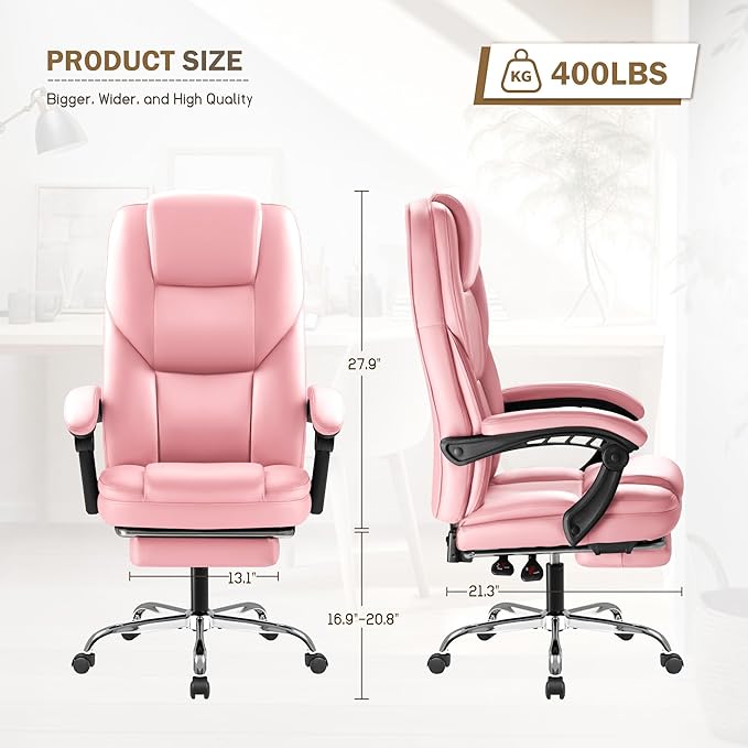 Furmax Executive Office Chair with Foot Rest Big and Tall Office Chair Ergonomic Home Office Desk Chairs Reclining High Back Leather Chair with Lumbar Support, 400LBS (Pink)