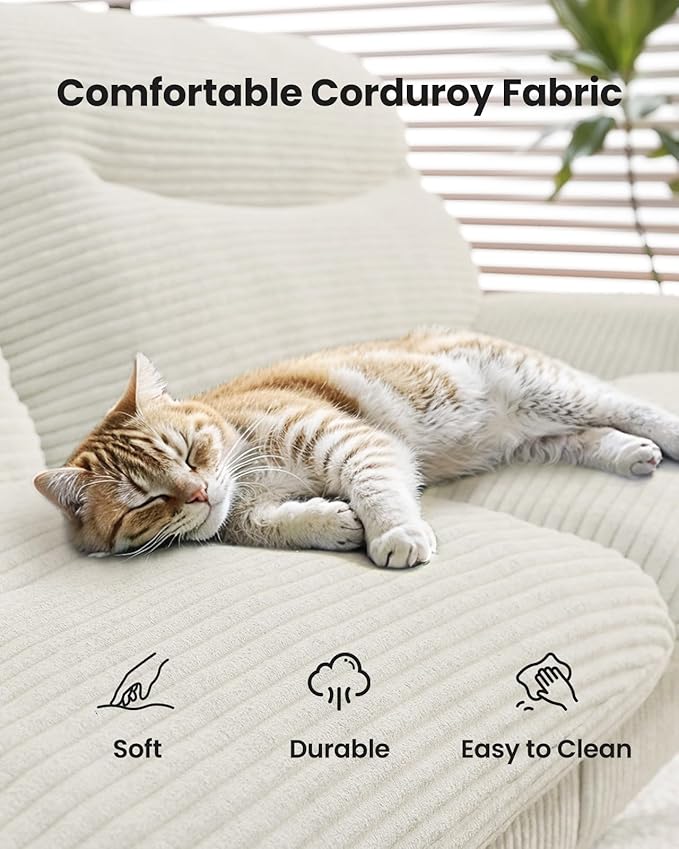 Amada 75" Convertible Futon Sofa Bed, Corduroy Folding Futon Set with Adjustable Backrest &Armrests, Recliner Lounge for Living Room, Apartment or Office, Solid Wood Frame, Loveseat Sofa -Beige White