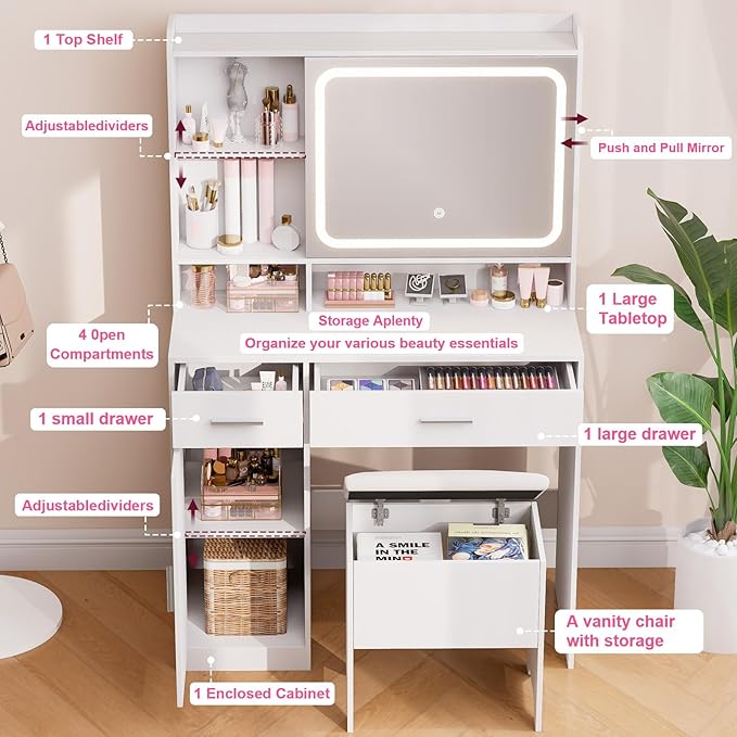 Vanity Desk with Sliding Mirror & Power Outlets - Dimmable LED Lighting, 4 Open Shelves, 2 Drawers, 1Storage Cabinet & Padded Stool - Ideal Bedroom Makeup Dressing Table （White）