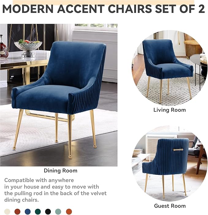 Dining Chairs, Accent Chairs Set of 4, Modern Upholstered Kitchen Dining Chairs with Gold Legs, Fabric Tufted Velvet Living Room Chairs for Reception Room Bedroom Kitchen(Navy Blue)
