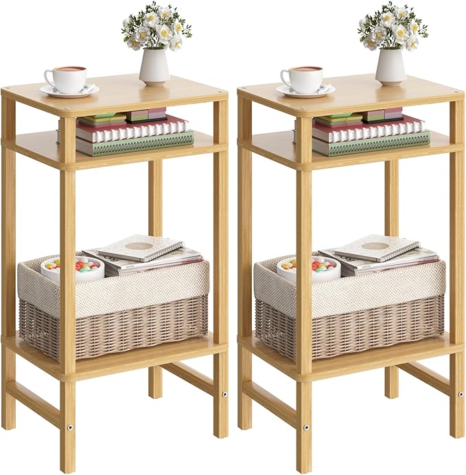 28in Tall Bamboo Side Table Set of 2, 3-Tier Small Narrow End Table for Couch, Skinny Nightstand for Small Space, Farmhouse Slim Night Stand with Storage, Wooden Thin Bedside Table, Natural