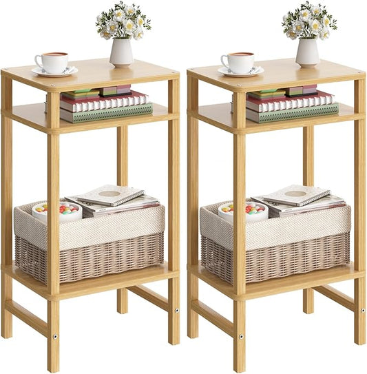 28in Tall Bamboo Side Table Set of 2, 3-Tier Small Narrow End Table for Couch, Skinny Nightstand for Small Space, Farmhouse Slim Night Stand with Storage, Wooden Thin Bedside Table, Natural