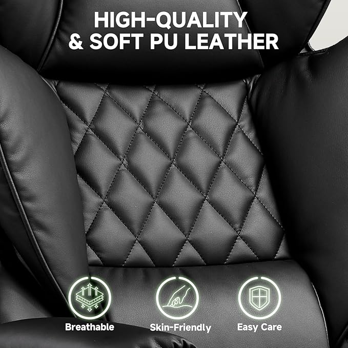 COMHOMA Big and Tall Office Chair, High Back Leather Gaming Chair with Footrest, Executive Ergonomic Office Chair with Pocket Spring Lumbar Support and with Outward Fixed Soft Armrests