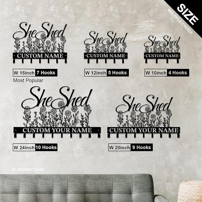 Personalized She Shed Keys Hooks,Custom Name Metal She Shed Art Keys Hooks,Metal She Shed Lover Wall Home Storage Decorative Keys Hooks,Key Holder Hooks for Wall (Style H)