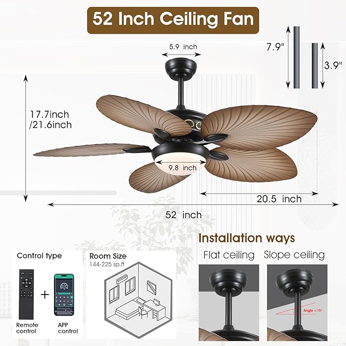 Ceiling Fans with Lights and Remote/APP Control, 52 Inch Tropical Palm Leaf Ceiling Fan with LED Lights, Outdoor Ceiling Fans for Patios Porch, Reversible Quiet Motor, Dimmable, Wood Grain