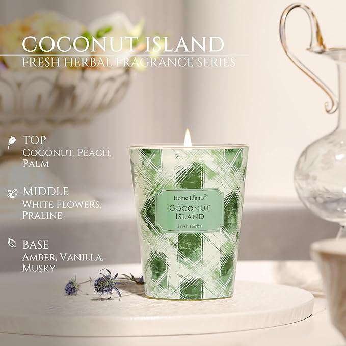 HomeLights 1-Wick Candles for Home Scented - 6.7oz Soy Wax Blend Candle Long-Lasting Fragrance, Scandinavian Minimalist Design Home Decor and Housewarming Gifts, Coconut Island