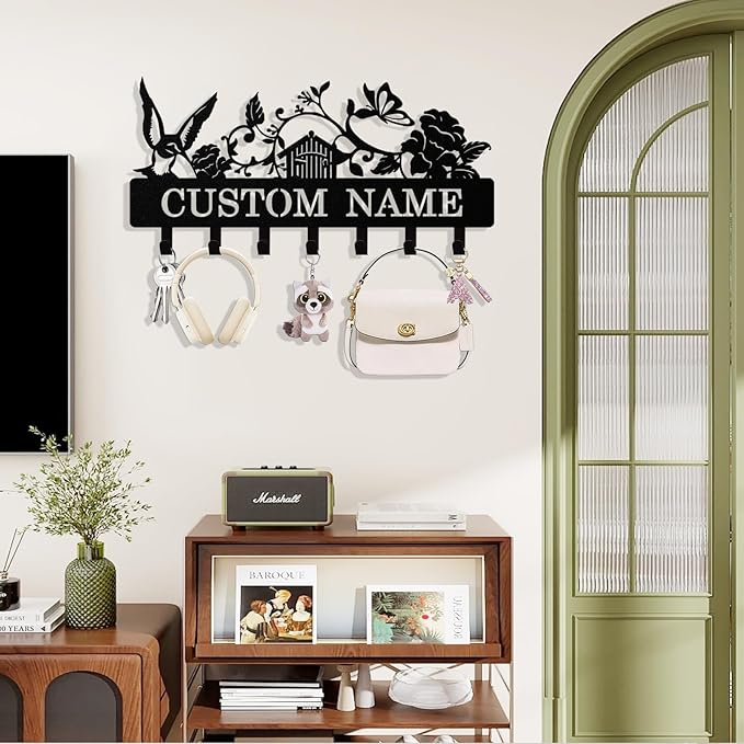 Personalized Key Holder Wall Mount, Custom Metal Bird Butterfly Keys Holder for Wall with Name, Wall Key Hanger Rack with Hooks for Entryway, Front Door, Living Room, Kitchen, Bathroom, Garden