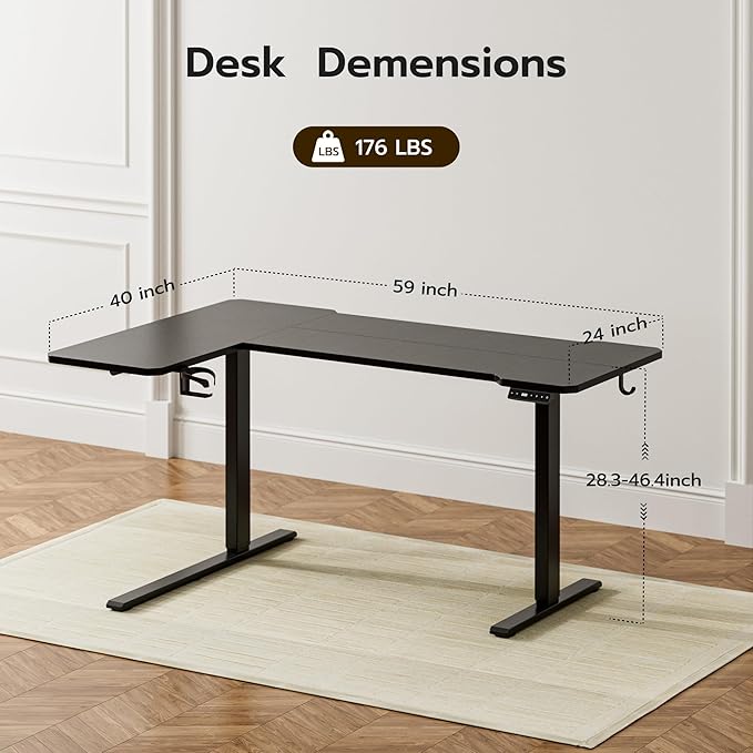 59 Inch L Shaped Standing Desk Adjustable Height,Gaming Electric Corner Standing Desk, Sit Stand Computer Table with Reversiable Splice Board, Black