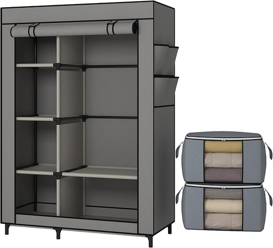 Calmootey Portable Closet, Wardrobe with 6 Shelves and Hanging Rod, Storage Organizer for Bedroom, Non-Woven Fabric Cover with 4 Side Pockets, Includes 2 Storage Bags for Clothes, Grey