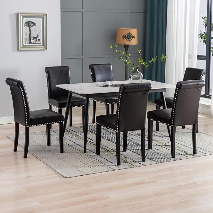 Westice Dining Room Chairs Set of 6 Upholstered PU Leather Kitchen Chairs Dining Room Side Chair with Nailhead Trim and Rubber Wood Legs for Small Space Apartment, Black