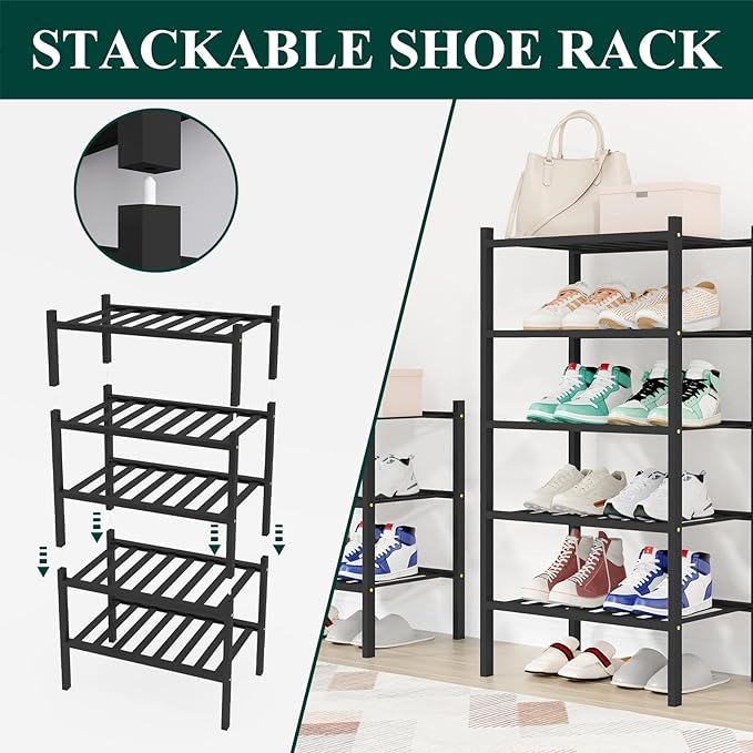 Smiry Shoe Rack, 6 Tier Small Bamboo Shoe Organizer, Stackable Free Standing Wooden Shoe Storage Shelf for Closet, Entryway, Front Door Entrance, Black