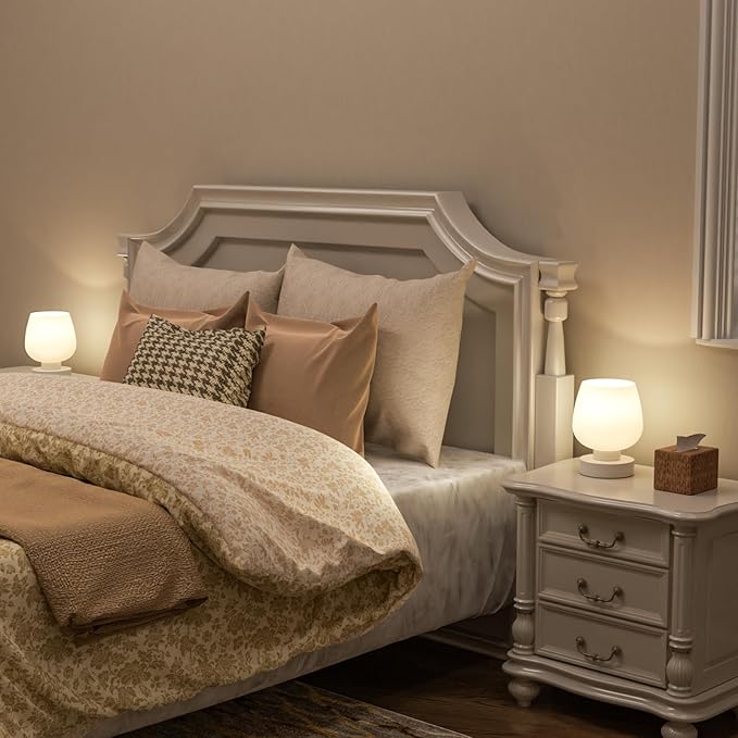 Seealle Touch Bedside Table Lamp Set of 2 - Small Bedside Lamp for Bedroom Living Room Night Stands, Desk Lamp with White Glass Shade for Small Spaces, 3 Way Dimmable, LED Bulbs, Gifts