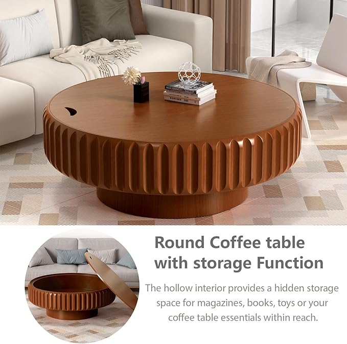 39.37'' Wooden Round Coffee Table with Storage, Modern Luxury Circle Drum Center Tables with Solid Wood Fluted, Accent Round Coffee Table for Living Room Apartment Small Space, Walnut