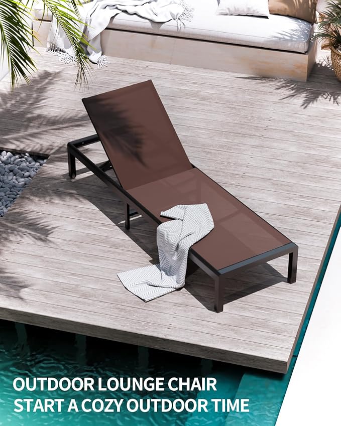 Aluminum Lounge Chairs Outdoor Chaise Furniture,2 Sets Patio Metal Deck Lounger Adjustable 5-Position Poolside Chase Recliner with Wheels for Beach,Coffee Table, (Brown, 2 Chair＋Table)
