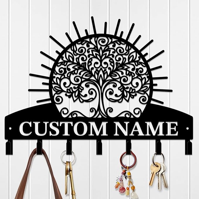 Life Tree Key Hook - Customized Metal Wall Organizer with Name Engraving, Black Iron Home Decor for Themed Collectors (Style D)