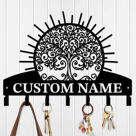 Life Tree Key Hook - Customized Metal Wall Organizer with Name Engraving, Black Iron Home Decor for Themed Collectors (Style D)