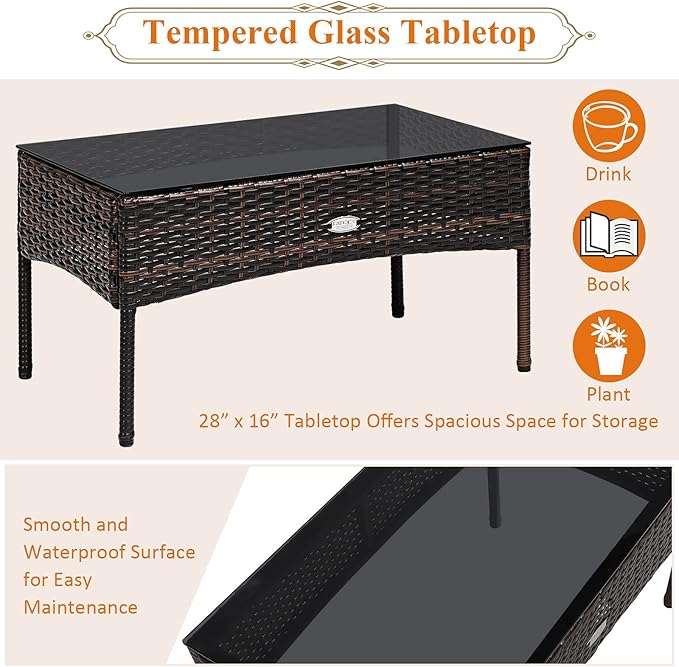 Tangkula 3 Pieces Patio Conversation Set, Outdoor PE Rattan Wicker Furniture Set W/Cozy Cushions, All Weather Sectional Sofa Set W/Tempered Glass Coffee Table for Poolside, Backyard, Garden