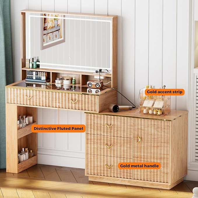 57“Makeup Vanity Desk with Mirror and Lights, Vanity Desk with 5 Drawers & Storage Shelves, Vanity Table with Power Outlet, 3 Color Modes & Adjustable Brightness Dressing Table, Bedroom,Oak