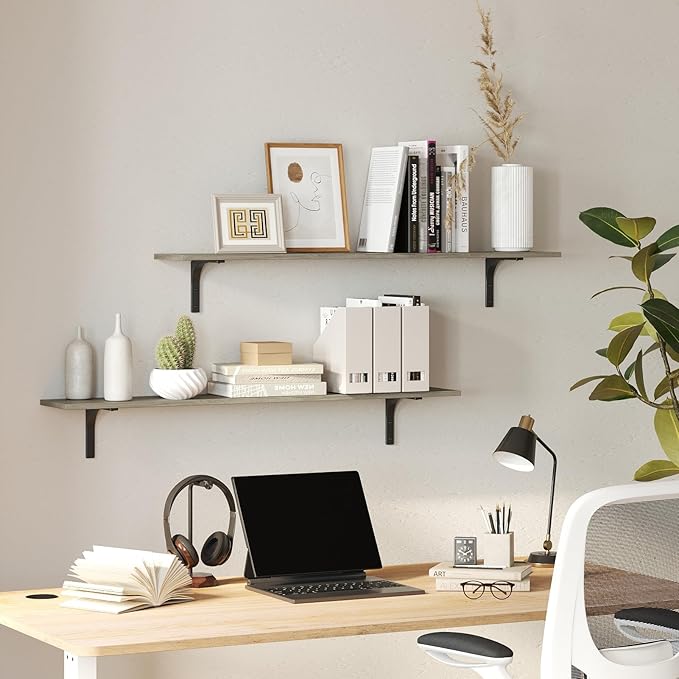 DINZI LVJ Long Wall Shelves, 55.1Inch Wall Mounted Shelves Set of 2, Extra Large Floating Storage Ledges with Sturdy Metal Brackets for Living Room, Bathroom, Bedroom, Kitchen, Gray Wash