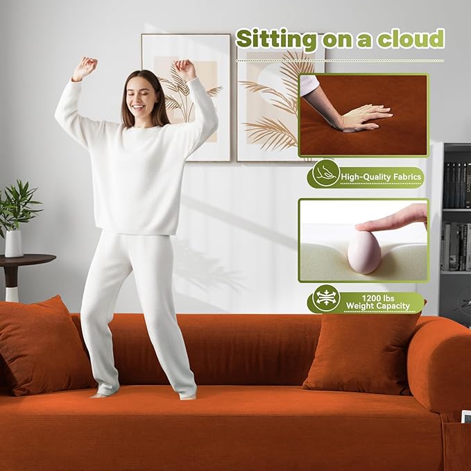 Convertible Futon Sofa Bed,80" Folding Pull Out Couch Bed with Pillows & Storage Pocket, Oversized Queen Sleeper Sofa in a Box,Corduroy Boneless Couch for Living Room,Orange