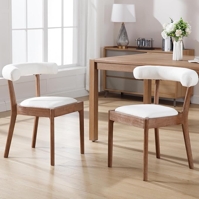 Kmax Dining Room Chairs Mid-Century Modern Fabric Kitchen Chairs with Natural Walnut Finished Frame, Linen Curved Back, Set of 2, White