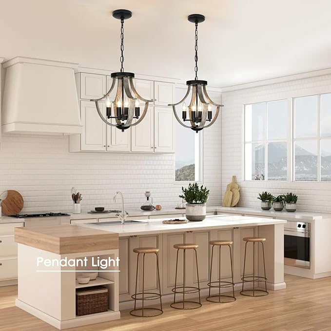 Farmhouse Chandelier, Modern Hanging Pendant Lighting, 4-Light Rustic Flush Mount Ceiling Light Fixture,Faux Wood Vintage Chandelier for Dining Room Kitchen Island Foyer Hallway Entryway Bedroom