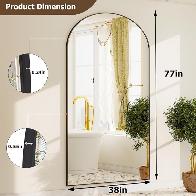 GLSLAND-77 x38 Arched Full Length Mirror - Oversize Floor Mirrors Aluminum Alloy Frame Full Body Dressing Mirror for Bedroom Living Room,Black