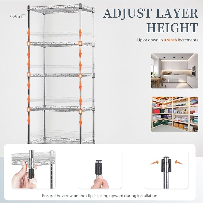 BestOffice 5-Shelf Storage Shelves, Adjustable Shelving Unit Wire Shelving Metal Shelves,11.8" D x 16.7" W x 47.6" H,Chrome
