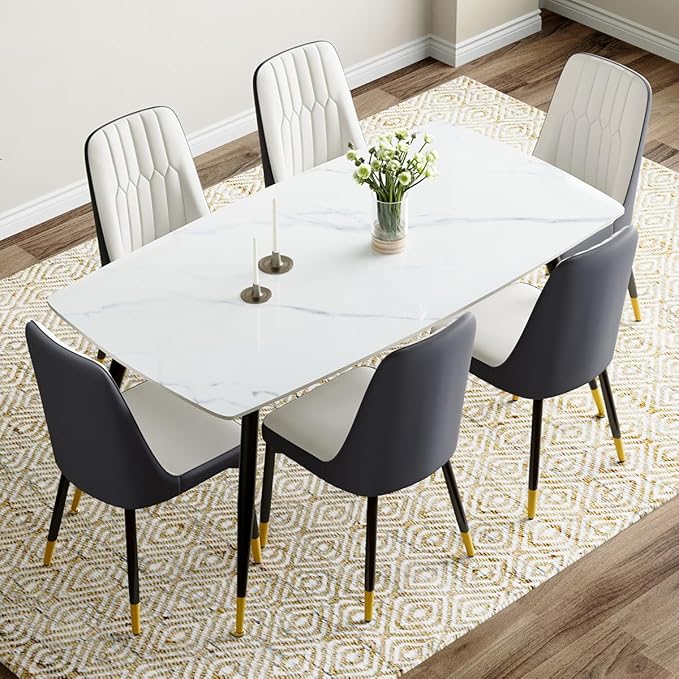 7 Piece Modern Dining Set, 62'' Sintered Stone Dinner Table for 6, 6 Chairs, Easy to Assemble