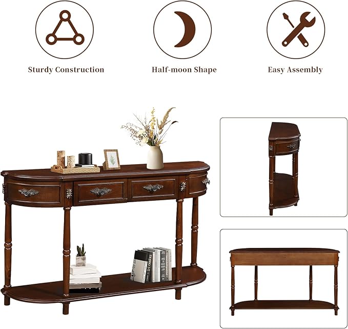 HMFULE Retro Curved Console Table, 52" Half Moon Console Table Sofa Table Entryway Table with 2 Drawers 1 Open Shelf Solid Pine Legs for Living Room,Entryway,Hallway,Cherry