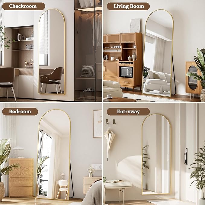 65 x 24 inch Arched Full Length Mirror - Full Body Floor Mirror, ShatterVue Tempered Glass, Standing, Leaning, Wall Mounted for Living Room, Bedroom, Gold