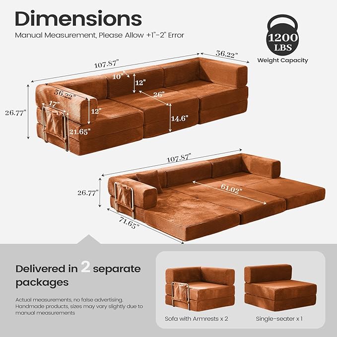 Folding Sofa Bed Convertable Corduroy Couch King Size Floor Sleeper 4-in-1 DIY Combination Modular Sofa Fold Out Futon Lounge Comfy Foldable Lazy cama for Living Room (Orange)