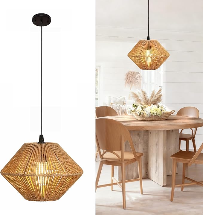 10''Natural Rattan Chandelier Pendant Lights -Small Farmhouse Boho Rattan Hanging lamp with Included E27 Bulb, 120V Wicker Pendant Lamps for Dining Room Kitchen Bedroom Living Room Island
