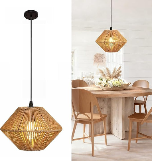 10''Natural Rattan Chandelier Pendant Lights -Small Farmhouse Boho Rattan Hanging lamp with Included E27 Bulb, 120V Wicker Pendant Lamps for Dining Room Kitchen Bedroom Living Room Island