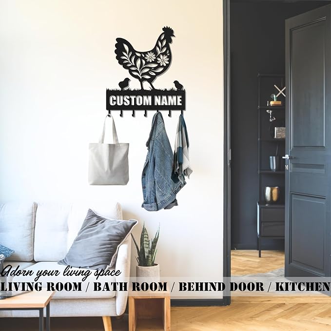 Personalized Key Holder for Wall, Custom Metal Chicken Key Hooks with Name, Meta Jacket Holder Hooks Organizer Rack, Jacket Hanger Decor for Kitchen, Entryway, Hallway, Office, Doorway