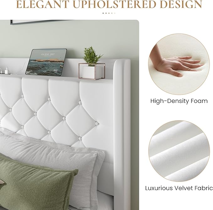 SHA CERLIN Full Size Platform Bed Frame with Charging Station, Velvet Wingback Headboard with Storage Shelf, Wooden Slats Support, Ample Under-Bed Space, No Box Spring Needed, Easy Assembly, White