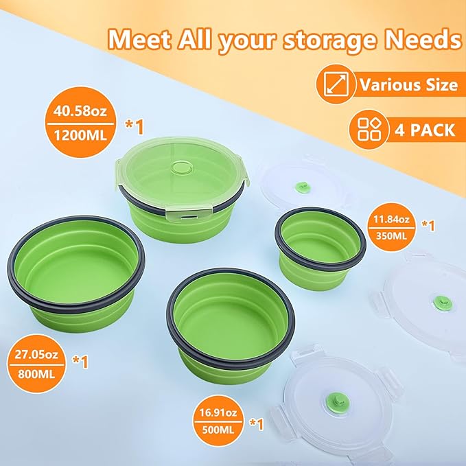 Collapsible Food Storage Containers with Lid & Air Vent, 4 Pack Round Foldable Collapsible Storage Containers Sets for Meals, Lunch Bowls for Camping, Travel, Microwave Freezer Dishwasher Safe, Green