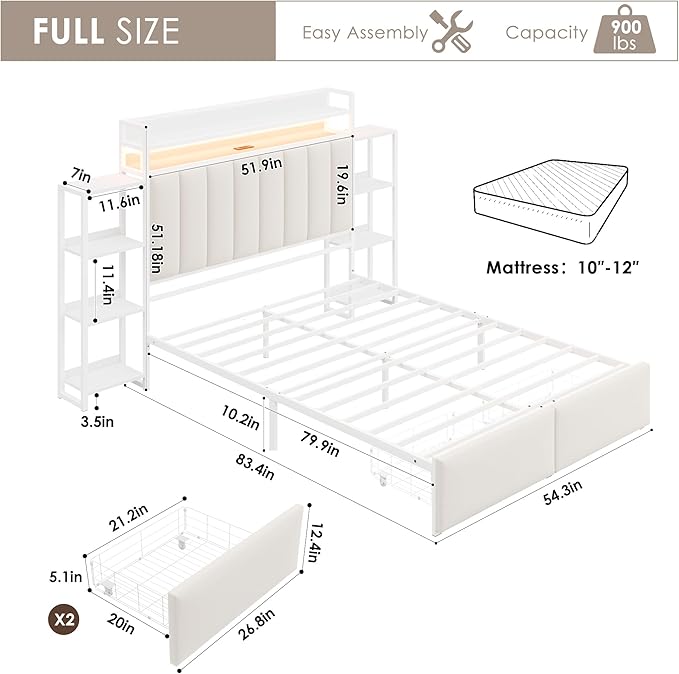 Keyluv Full LED Bed Frame with Storage Headboard & 2 Drawers, Upholstered Platform Bed with Charging Station & Bedside Storage Rack, Metal Slat Support, No Box Spring Needed, Velvet Fabric, White