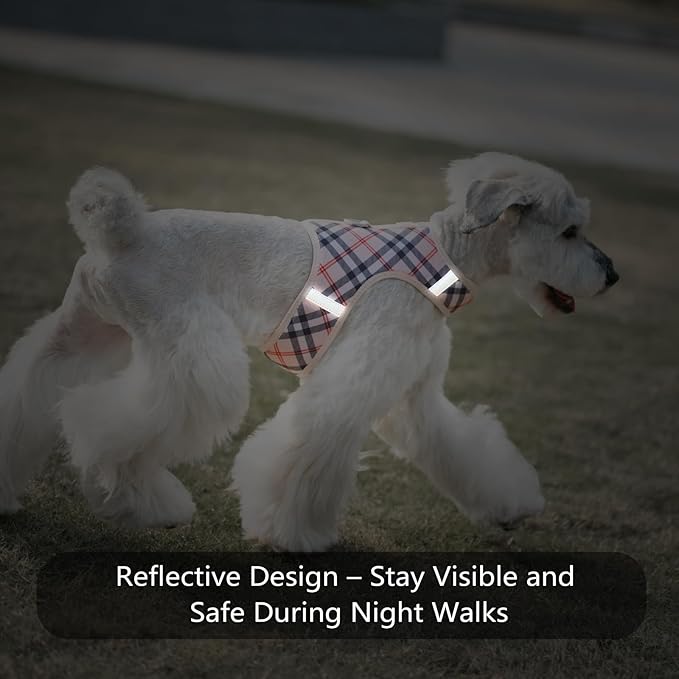 Dog Harness for Small Sized Dog,Hook-and-Loop Easy On/Off, Reflective Adjustable Soft Mesh Vest for Puppy (Checkered Beige,XS)