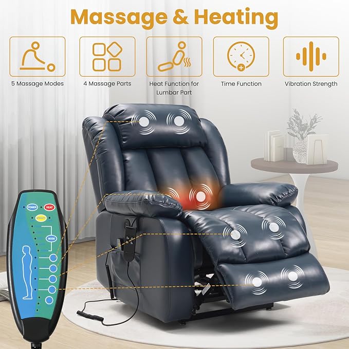 PARKOL Dual Motor Power Lift Recliner Chair for Elderly, 180-Degree Infinite Position Lay Flat Leather Recliner Chairs, with Massage and Heating, USB & Type-C Port and Remote (Dark Blue, Medium)