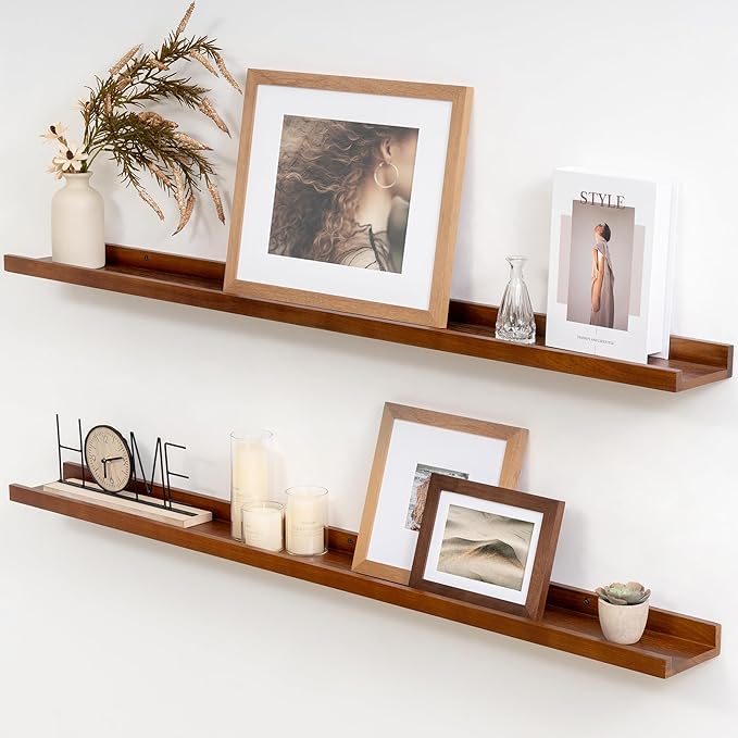 Solid Ash Wood Picture Ledge Shelf, 36 Inch Floating Shelves with Lip Set of 2, Photo Ledge Shelf Nursery Bookshelf Wall Mounted for Living Room Bedroom Decor, Walnut