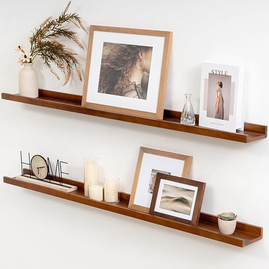 Solid Ash Wood Picture Ledge Shelf, 36 Inch Floating Shelves with Lip Set of 2, Photo Ledge Shelf Nursery Bookshelf Wall Mounted for Living Room Bedroom Decor, Walnut