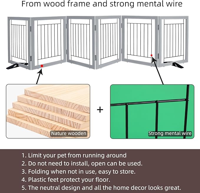 ZJSF Freestanding Dog Gate Indoor, Foldable Dog Fence for Doorways,Hallways or Stairs, Sturdy Wood Extra Wide Pet Gate with Support Feet,Grey,24 "Height-6 Panels