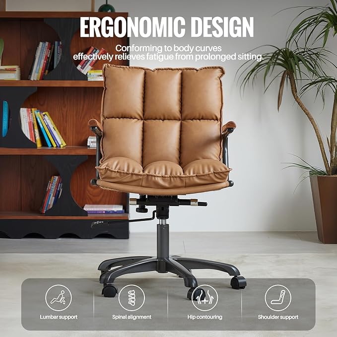 Home Office Desk Chair, Ergonomic Computer Chair with Wheels and Oak Arms, Adjustable Height Rolling Swivel Executive Task Armrests Chair, Camel Brown