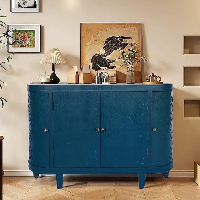 KEIKI 47'' Modern 4-Doors Buffet Sideboard with Storage,Wood Fluted Accent Cabinet with Curvy Edge, Oval Freestanding Credenza Entryway Console Table for Living Room, Hallway, Dining Room,Kitchen,Blue